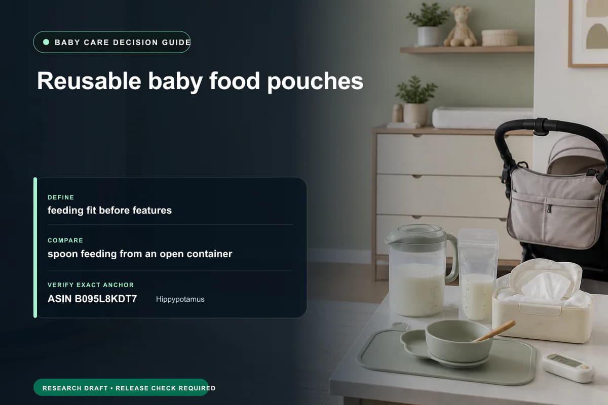 Editorial buying worksheet for reusable baby food pouches showing fit, compatibility, ownership checks, and the simpler alternative
