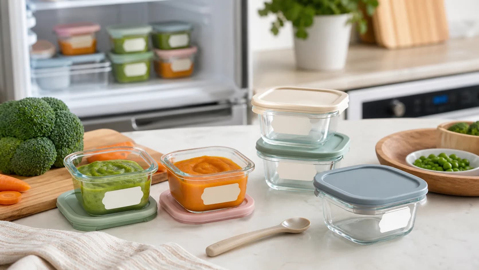 Editorial infant-feeding preparation scene representing portioned baby-food storage