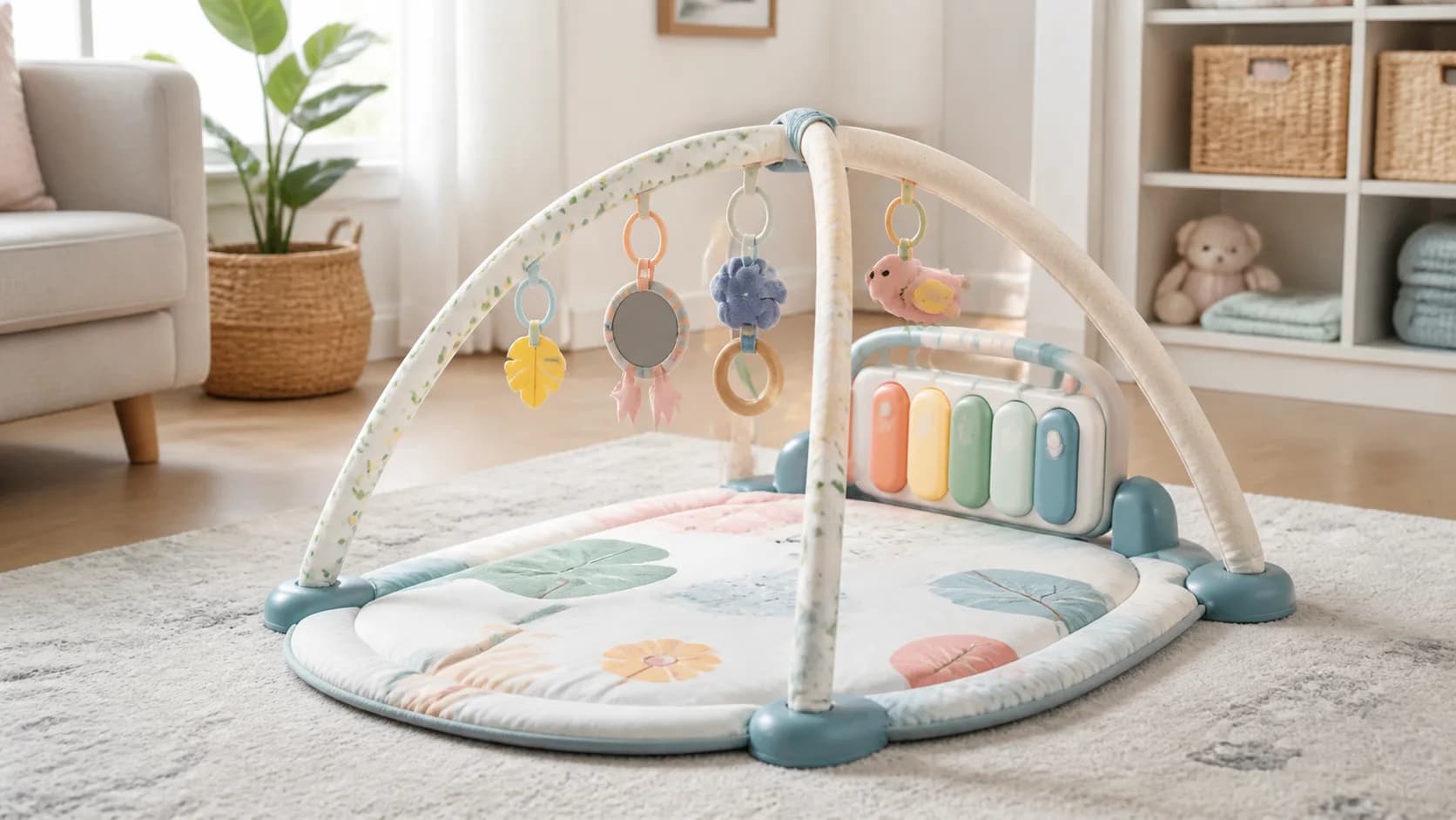 Editorial nursery floor scene representing an awake supervised baby play gym