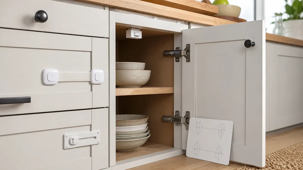Editorial kitchen cabinet scene showing internal magnetic, external strap, and slide-style childproof locks