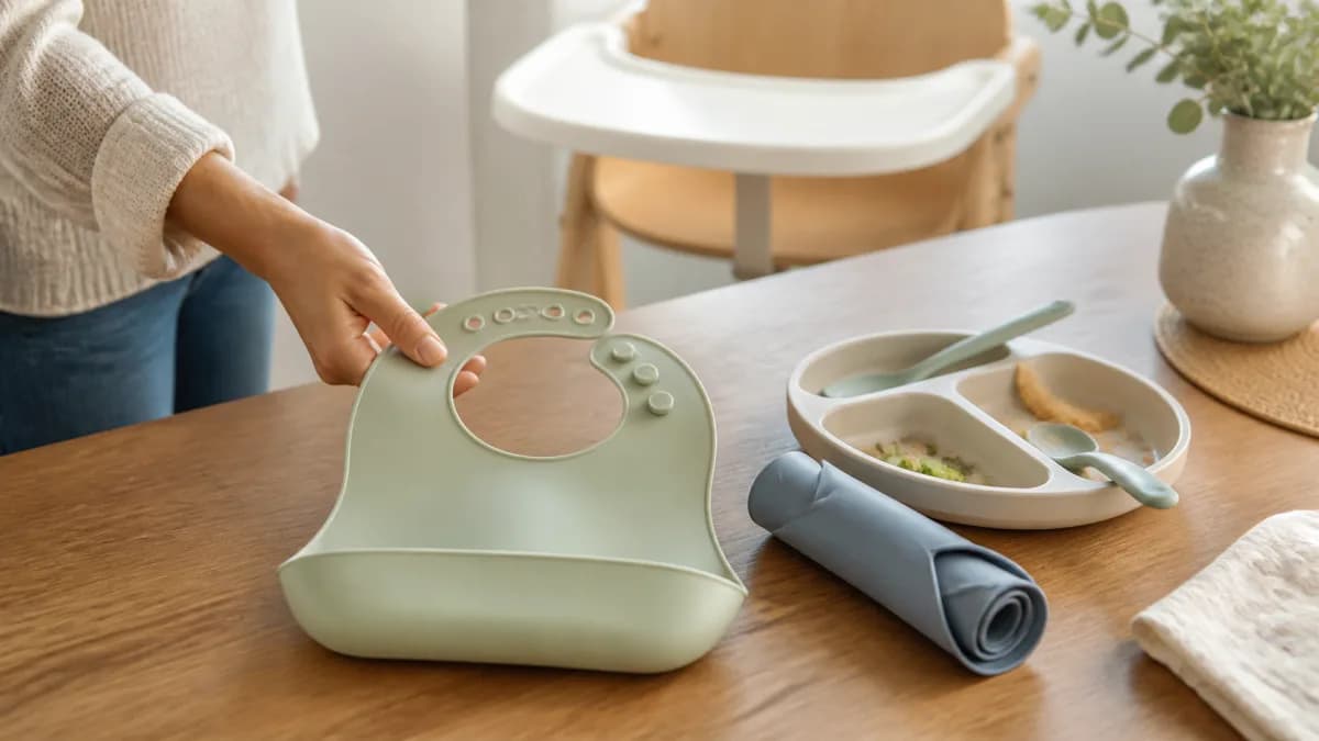 Editorial dining scene with an open-pocket feeding bib, a second rolled bib, divided plate, and spoons