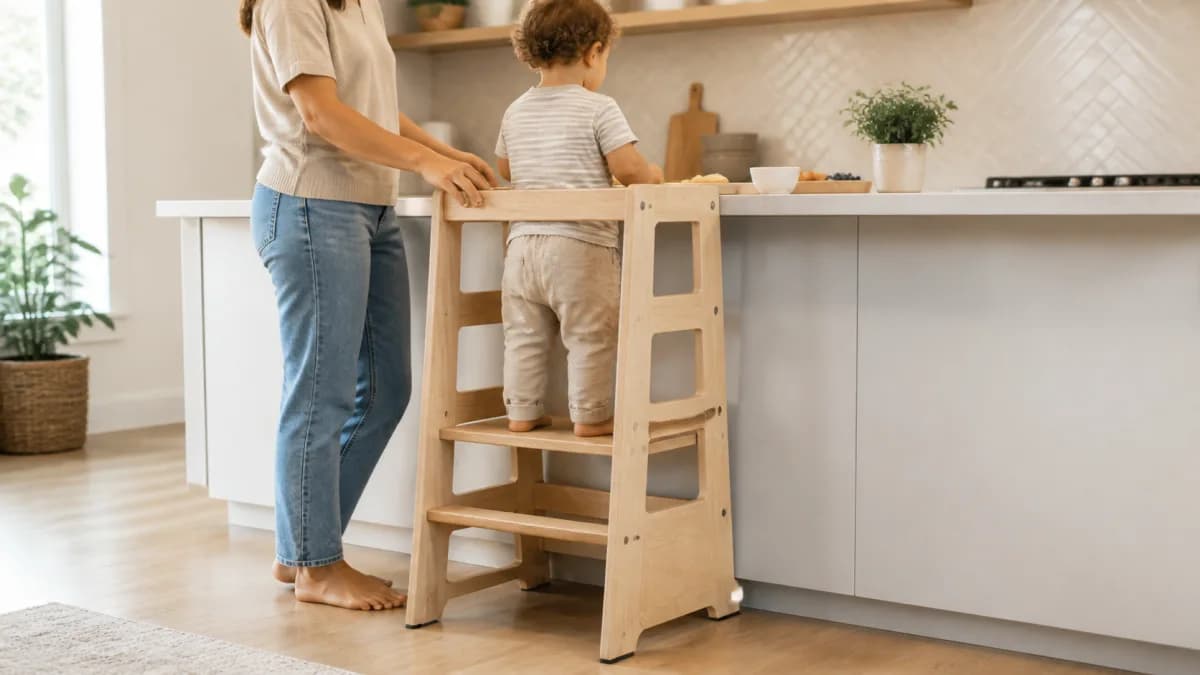 Editorial kitchen scene with a supervised toddler learning tower beside a clear counter workspace