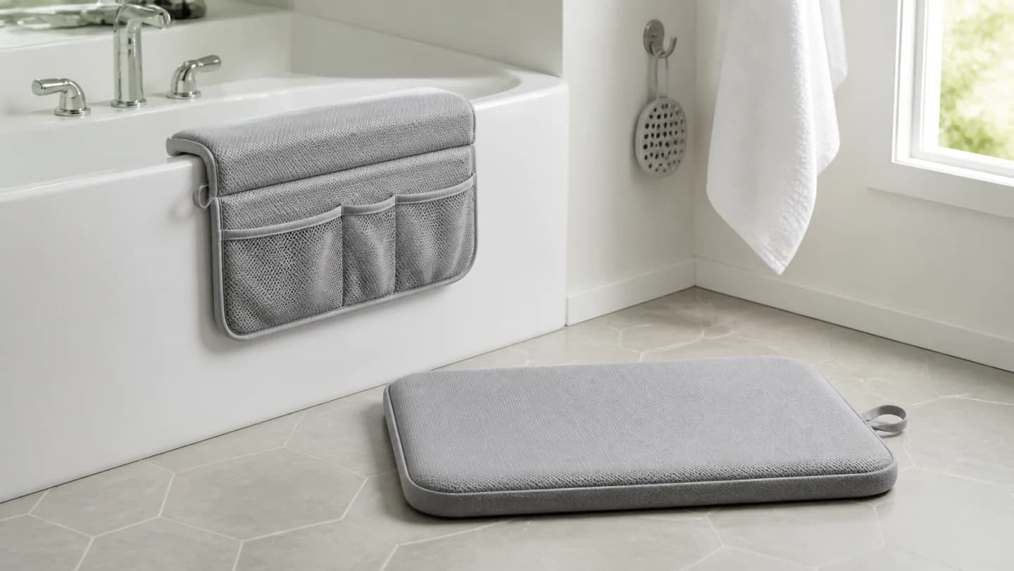 Editorial bathroom with a foam bath kneeler and elbow pad outside the tub, measured knee zone, nonslip floor, drainage path, toy pocket, and drying hook
