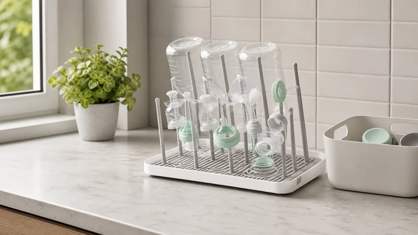 Editorial clean counter zone with a vertical baby bottle drying rack, separated bottles, nipples, valves, pump parts, drain mat, and labeled storage bin