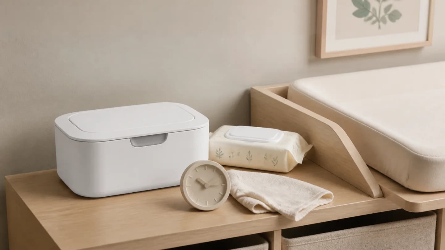 Editorial nursery changing shelf with a closed baby wipe warmer, temperature controls, wipe pack, water-free cleaning supplies, cord route, and hand-check reminder