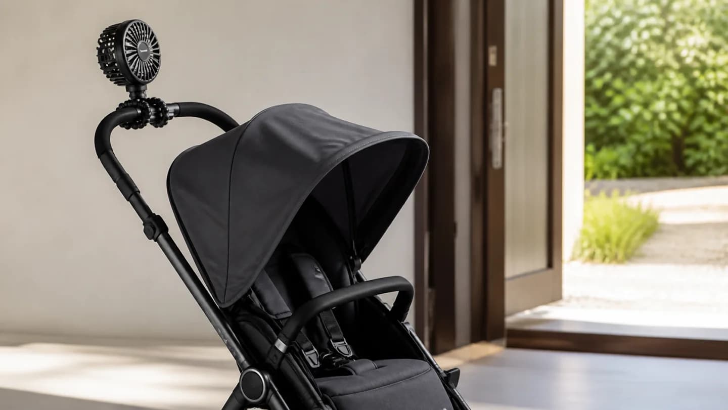 Editorial stroller in shade with a guarded portable fan mounted outside the child's reach, airflow path, flexible tripod, battery check, and heat-warning card