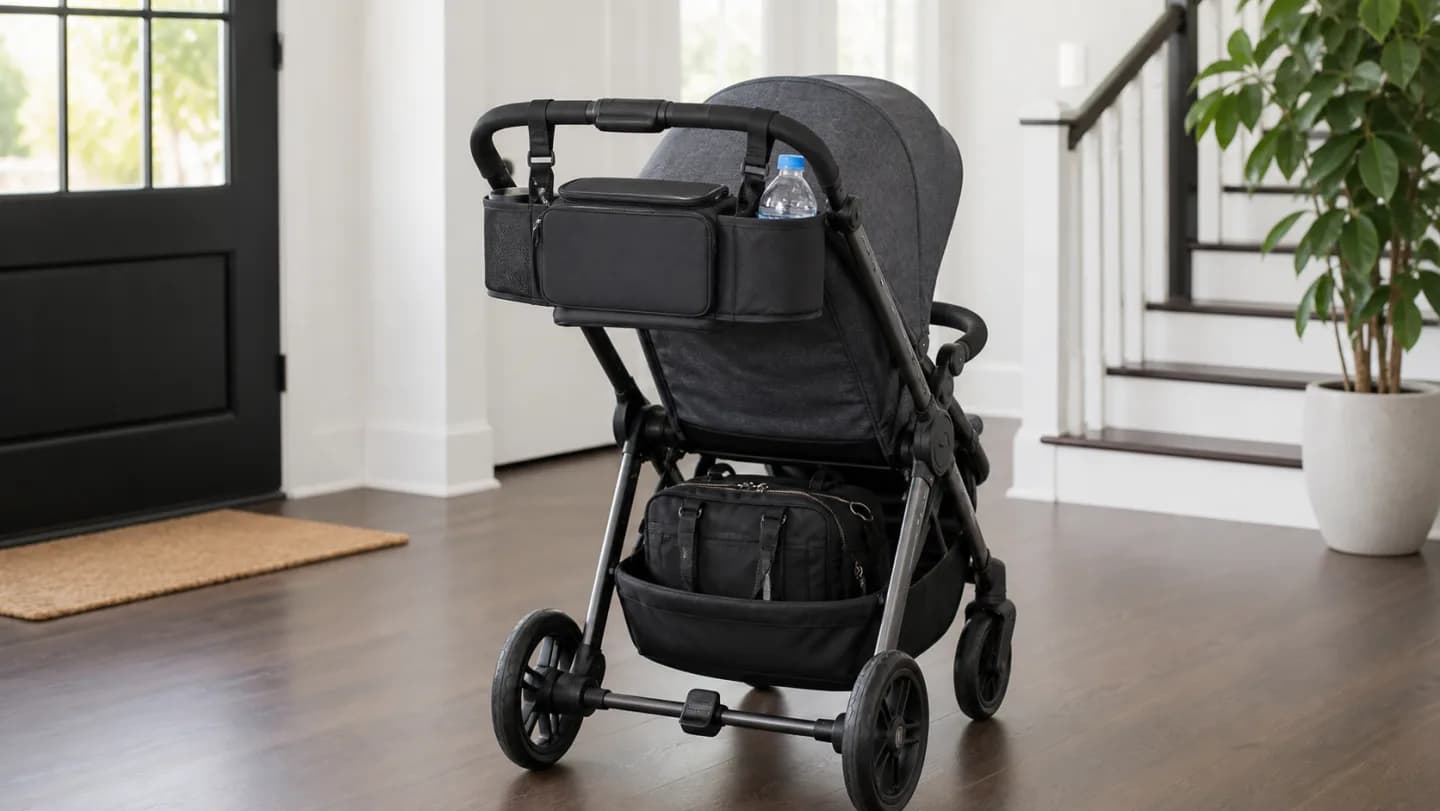 Editorial stroller handlebar with a compact organizer, measured strap spacing, closed phone pouch, stable cup, fold joint, and center-of-gravity warning