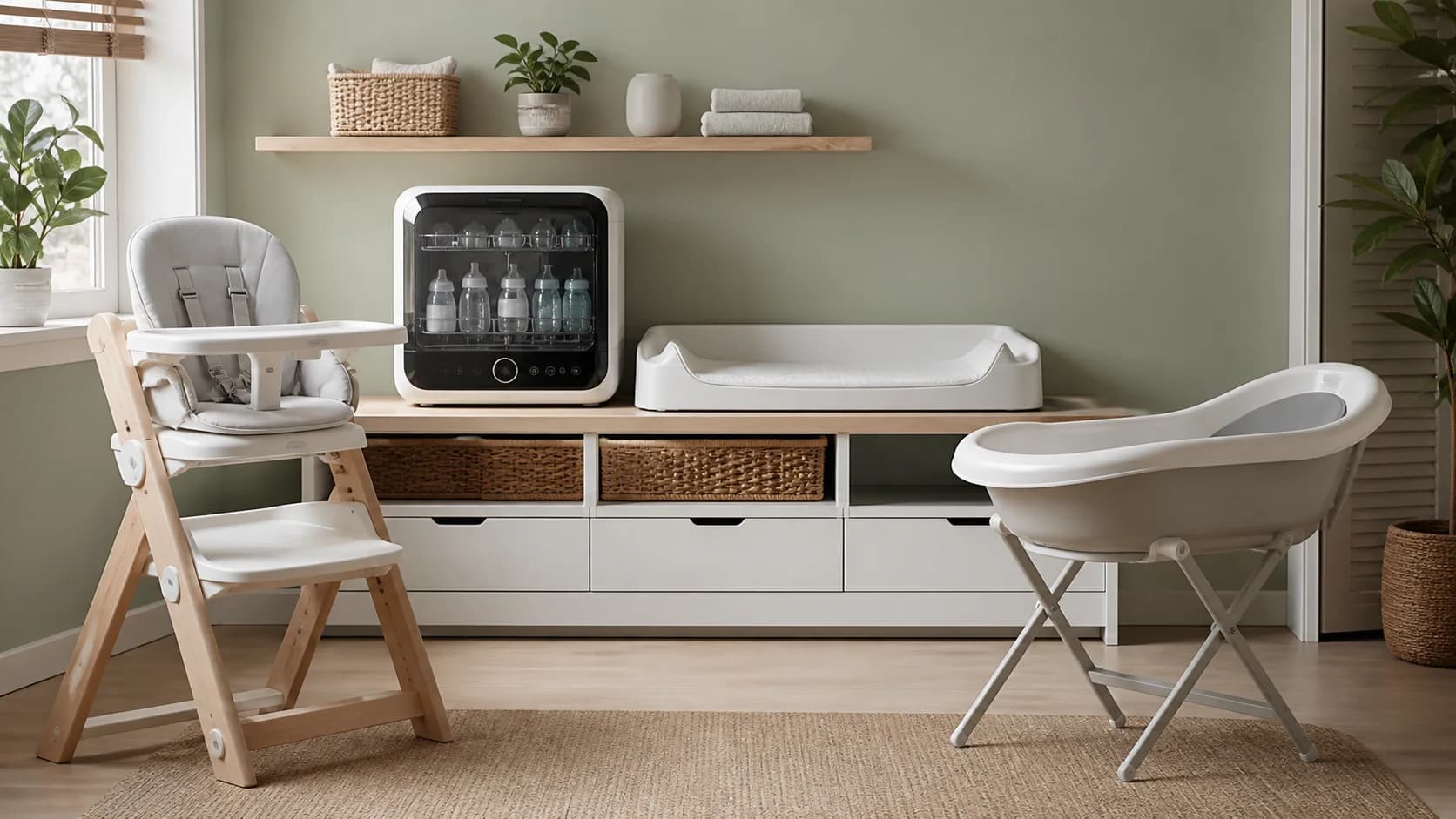 Original editorial scene with unbranded baby feeding, cleaning, changing, and bathing equipment shown empty