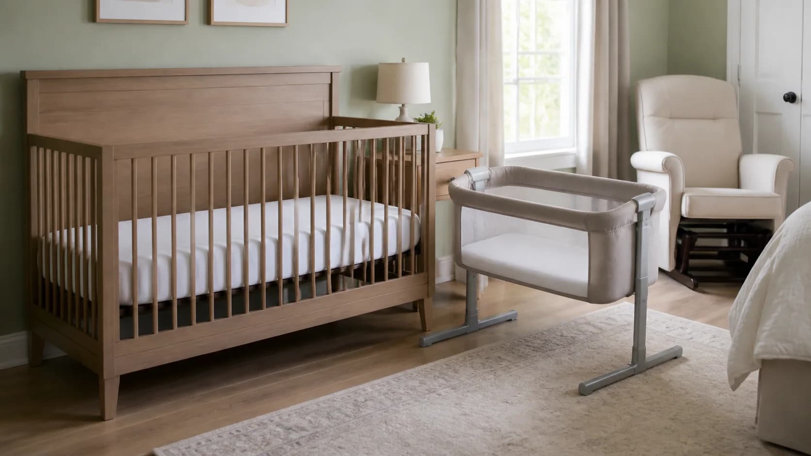 Original editorial nursery scene with empty firm flat sleep surfaces and no loose bedding