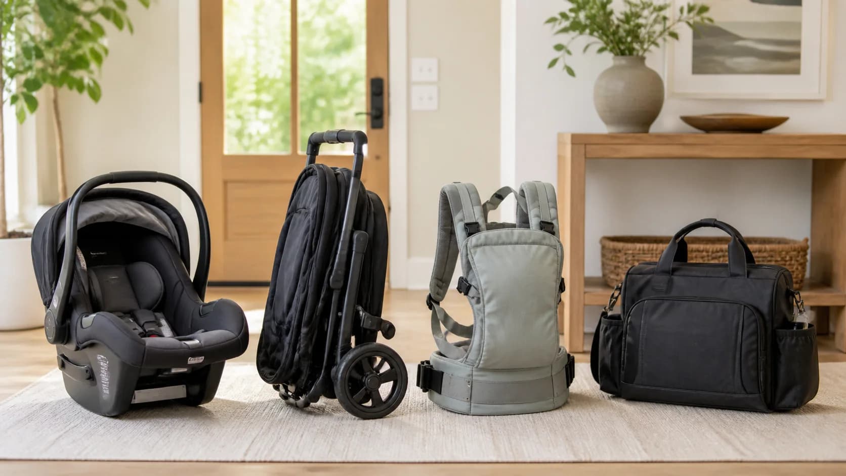 Original editorial scene with unbranded baby travel equipment shown without a child