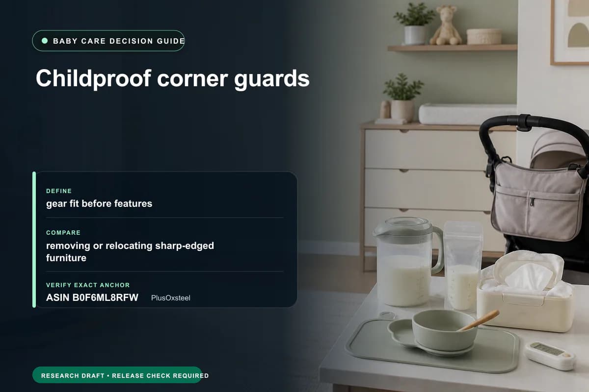 Editorial buying worksheet for childproof corner guards showing fit, compatibility, ownership checks, and the simpler alternative