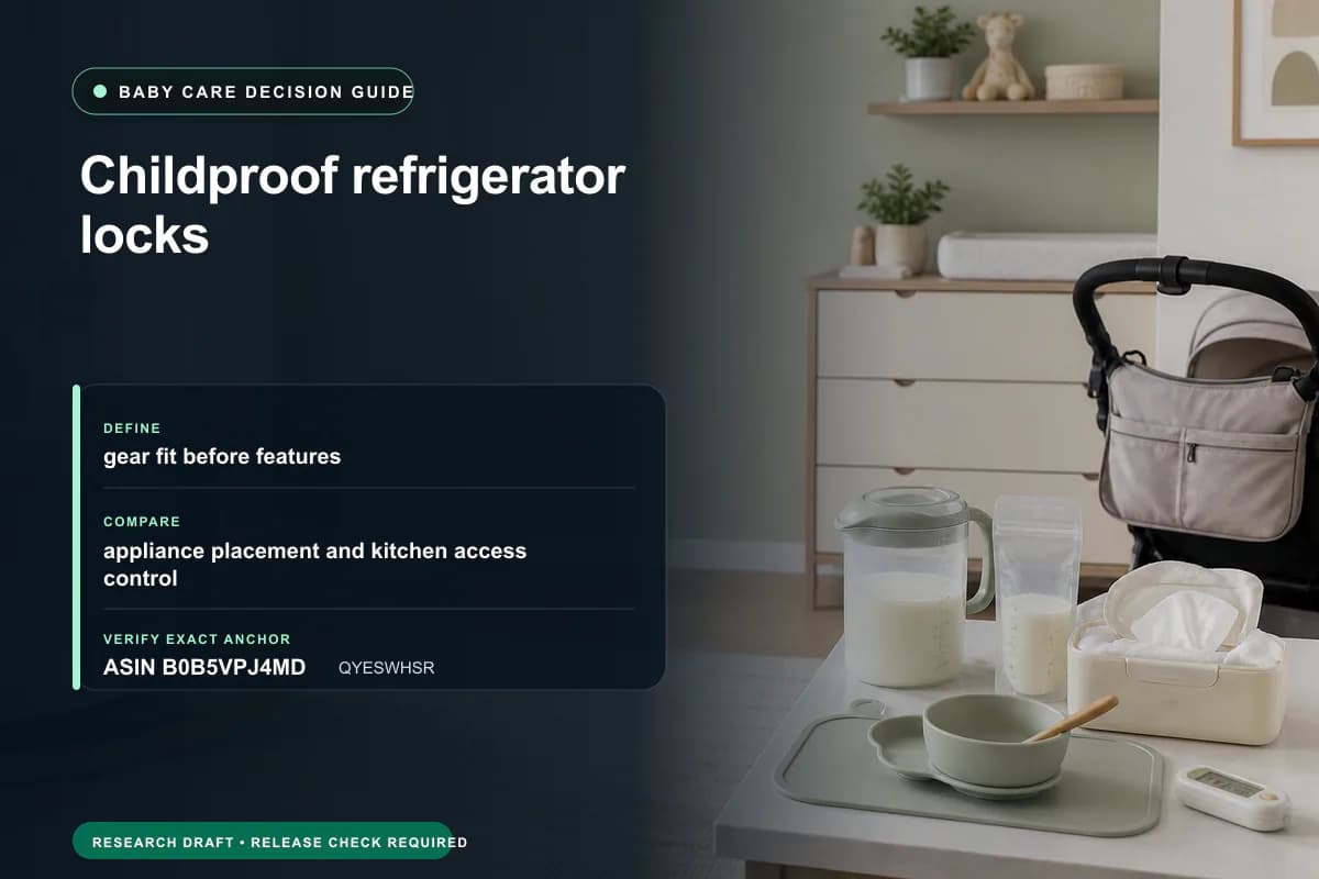 Editorial buying worksheet for childproof refrigerator locks showing fit, compatibility, ownership checks, and the simpler alternative