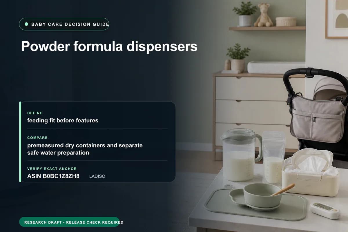 Editorial buying worksheet for powder formula dispensers showing fit, compatibility, ownership checks, and the simpler alternative