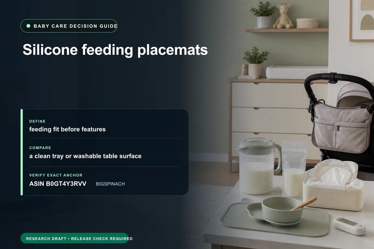 Editorial buying worksheet for silicone feeding placemats showing fit, compatibility, ownership checks, and the simpler alternative